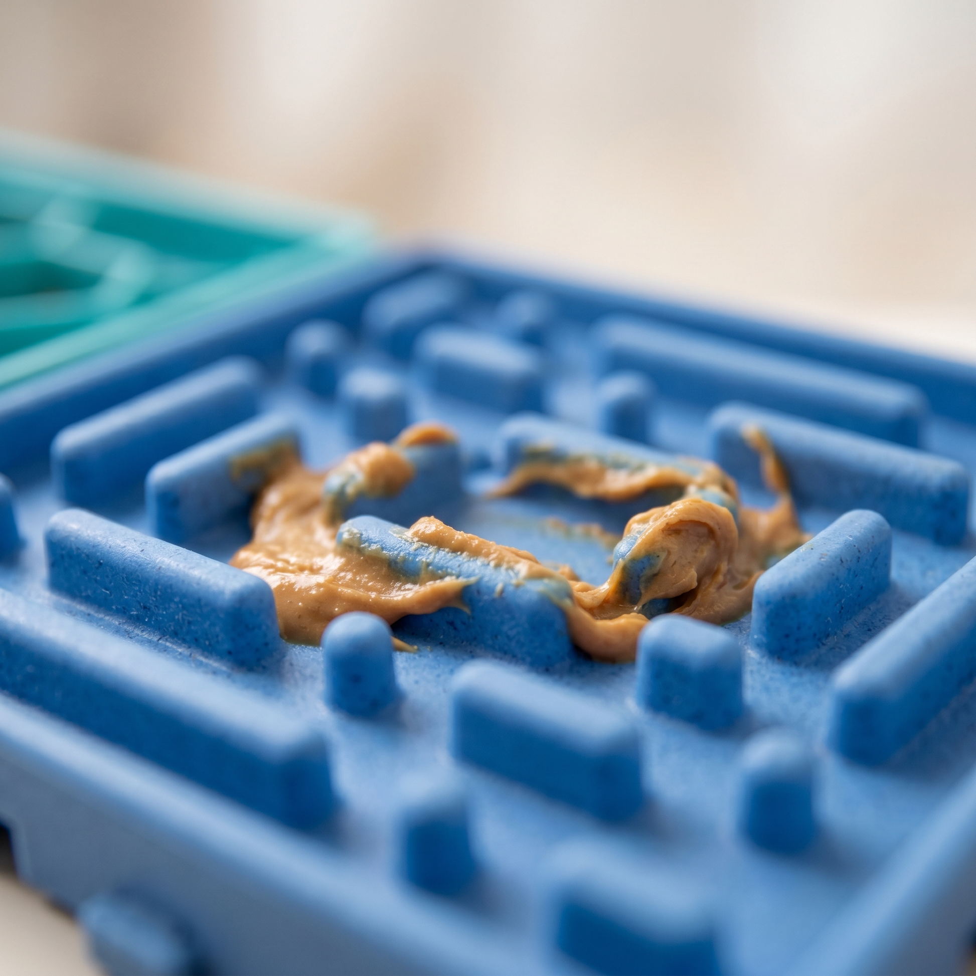 Close-up of the Joobello silicone slow-feeder lick mat textured maze pattern with peanut butter