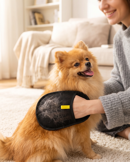 Woman grooming a happy Pomeranian with the Joobello deshedding grooming glove, collecting loose fur