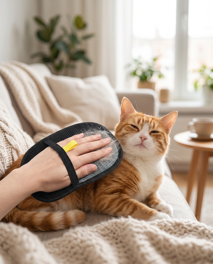 Hand grooming a content ginger cat with the Joobello deshedding grooming glove