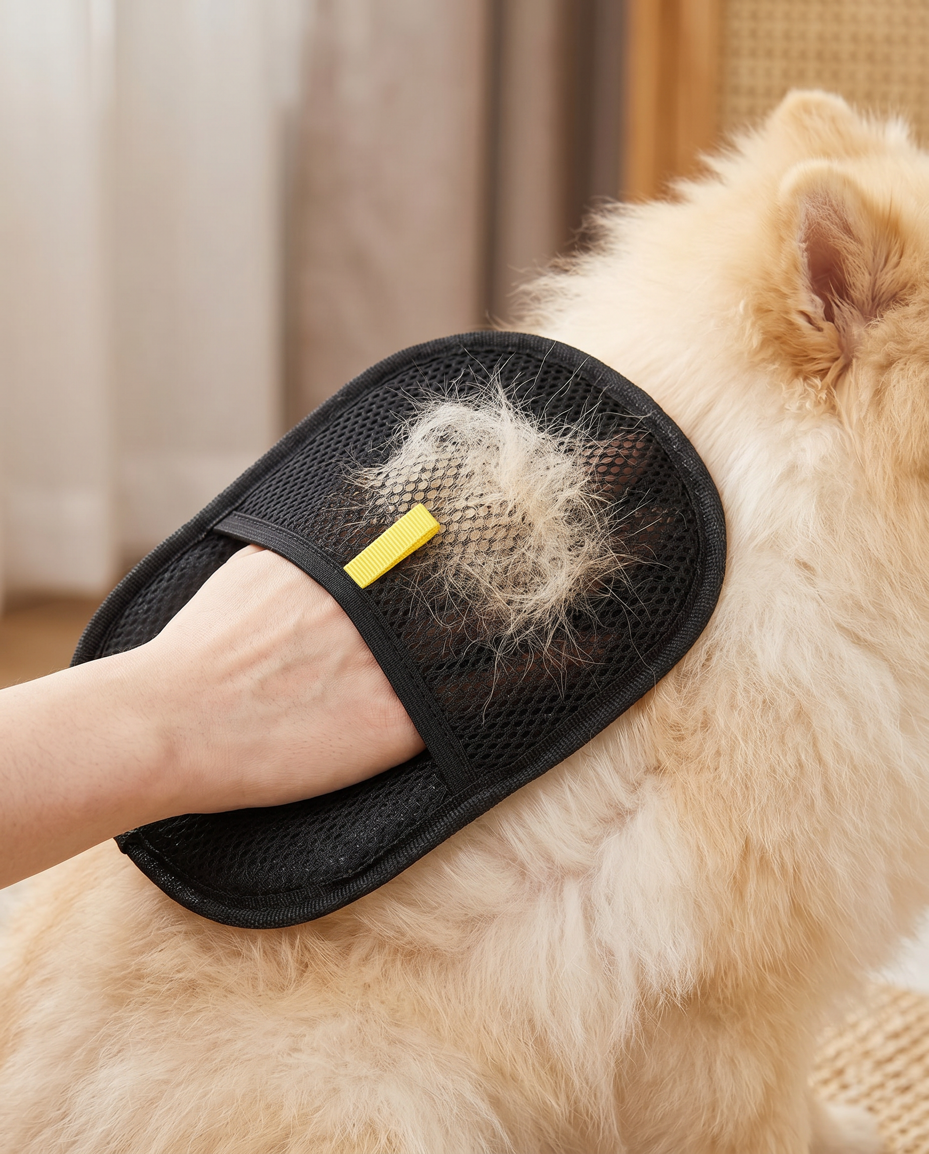 Joobello deshedding grooming glove lifting a clump of loose fur off a fluffy dog's coat