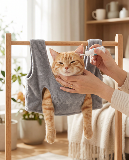Ginger cat relaxed in the Joobello gray pet grooming hammock during ear cleaning