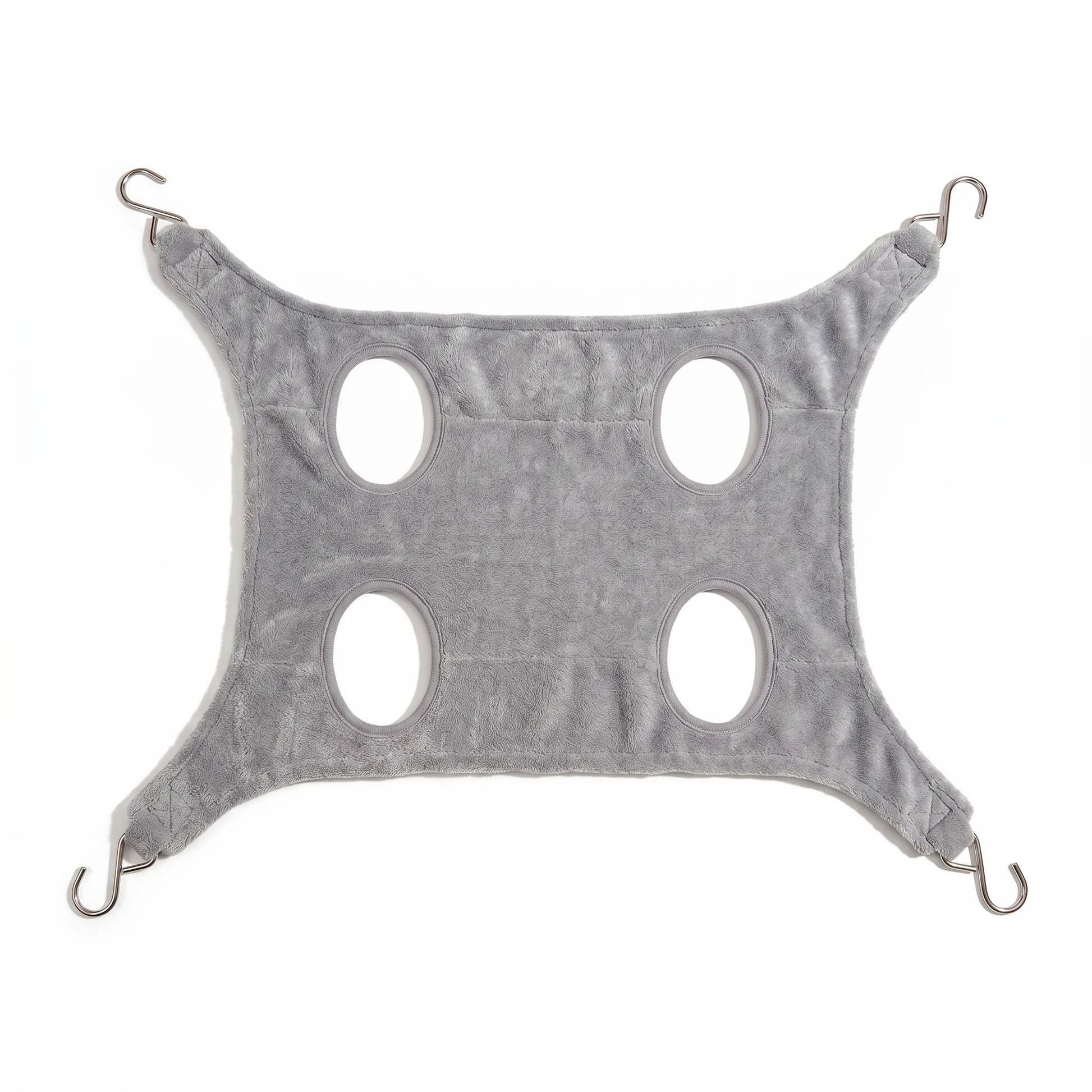 Joobello gray pet grooming hammock with four leg holes and hanging hooks on a white background