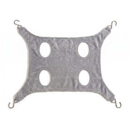 Joobello gray pet grooming hammock with four leg holes and hanging hooks on a white background