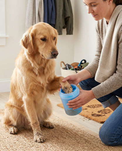 Woman cleaning a golden retriever's muddy paw in the Joobello blue portable paw cleaner cup at the entryway
