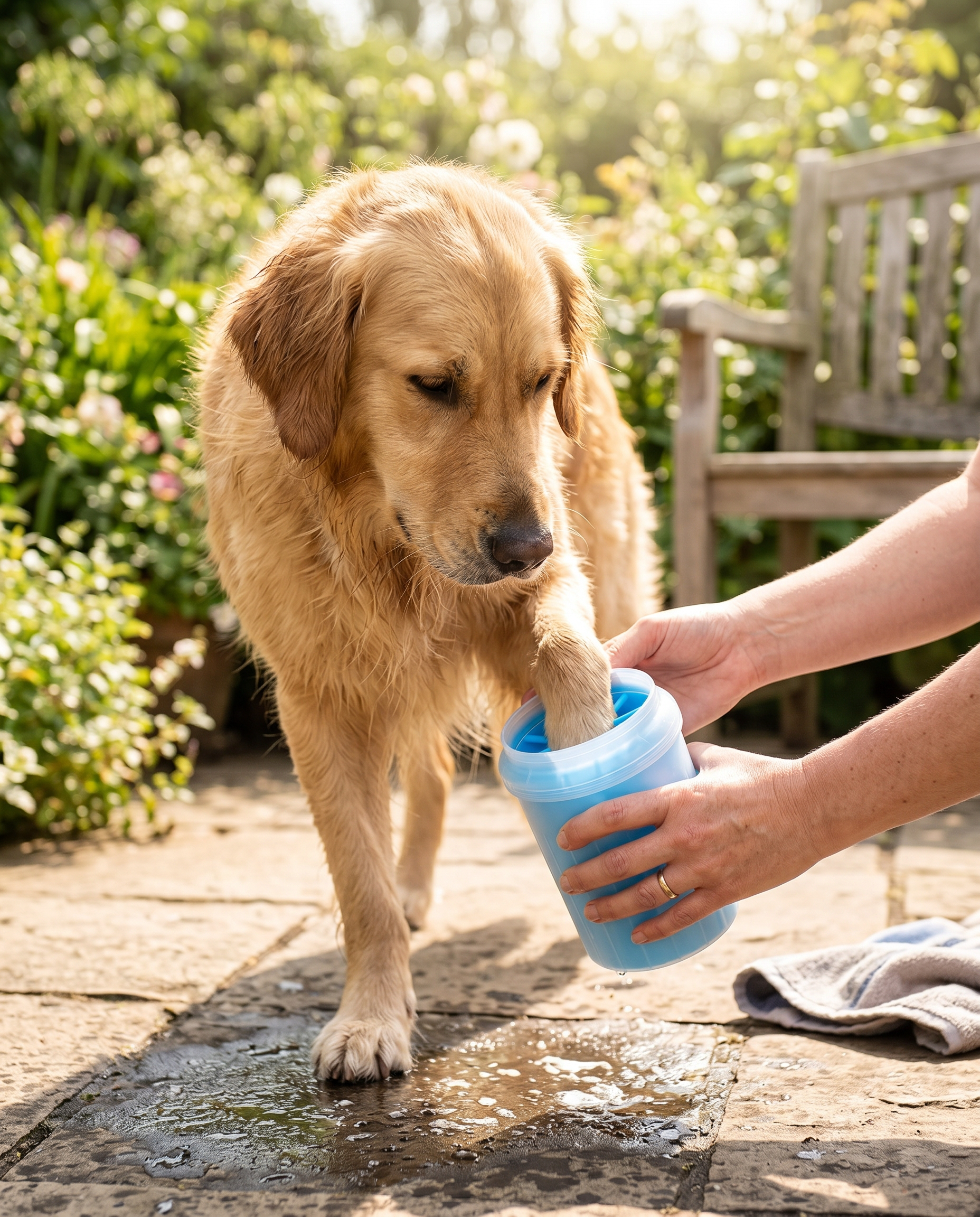 Dog offering its paw to be cleaned in the Joobello blue paw cleaner cup on a sunny garden patio