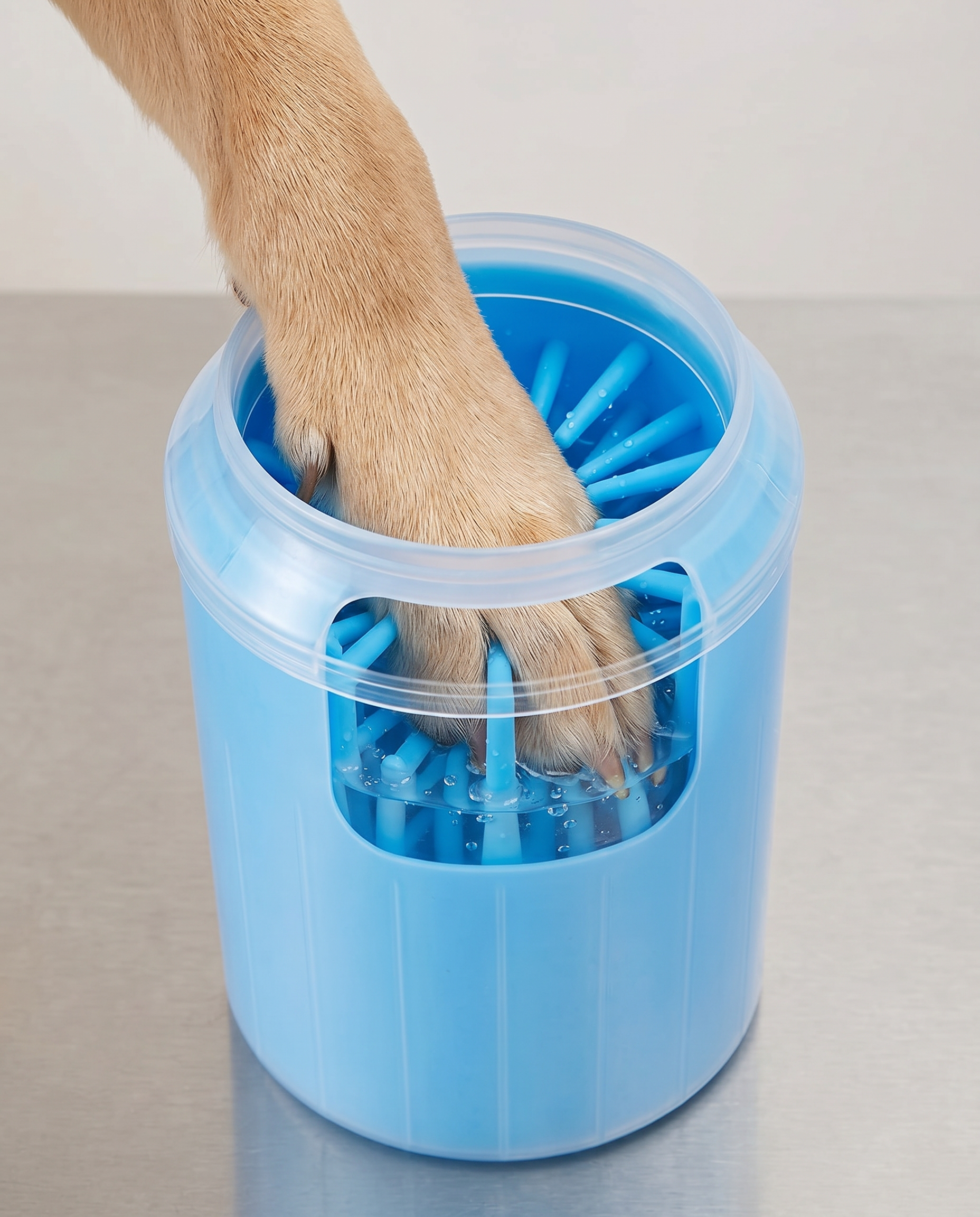 Dog's paw inside the Joobello blue paw cleaner cup showing the soft silicone bristles and water