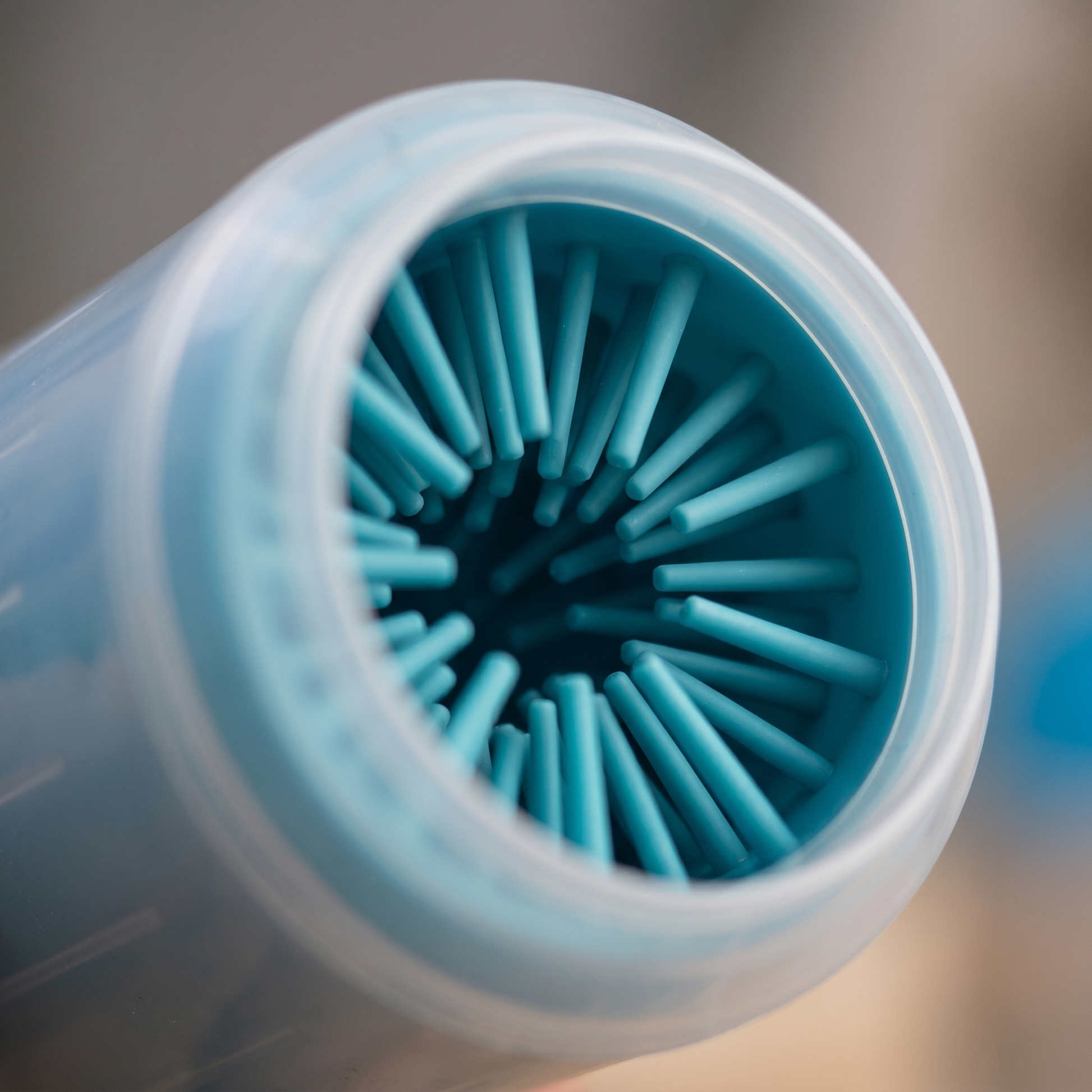 Close-up inside the Joobello paw cleaner cup showing the soft silicone cleaning bristles