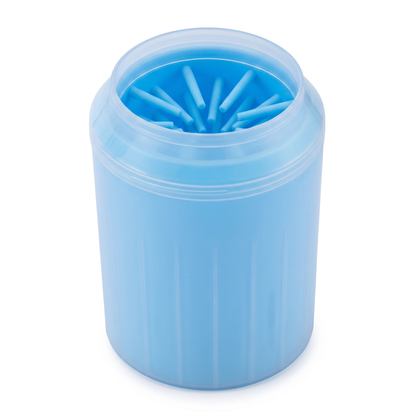 Joobello translucent blue portable paw cleaner cup with inner silicone bristles on a white background