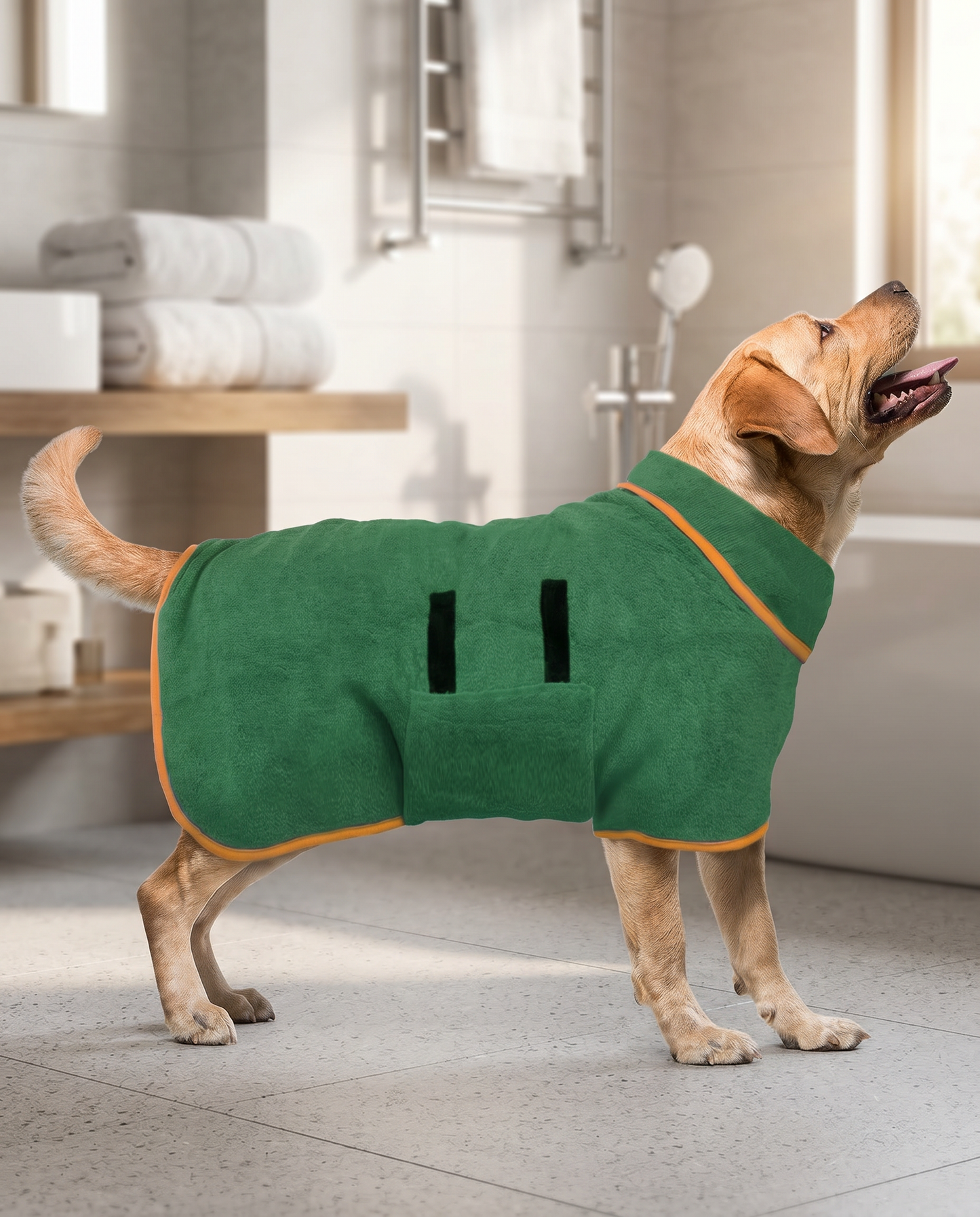 Yellow Labrador wearing the Joobello green quick-dry bath robe in a bright bathroom after a bath
