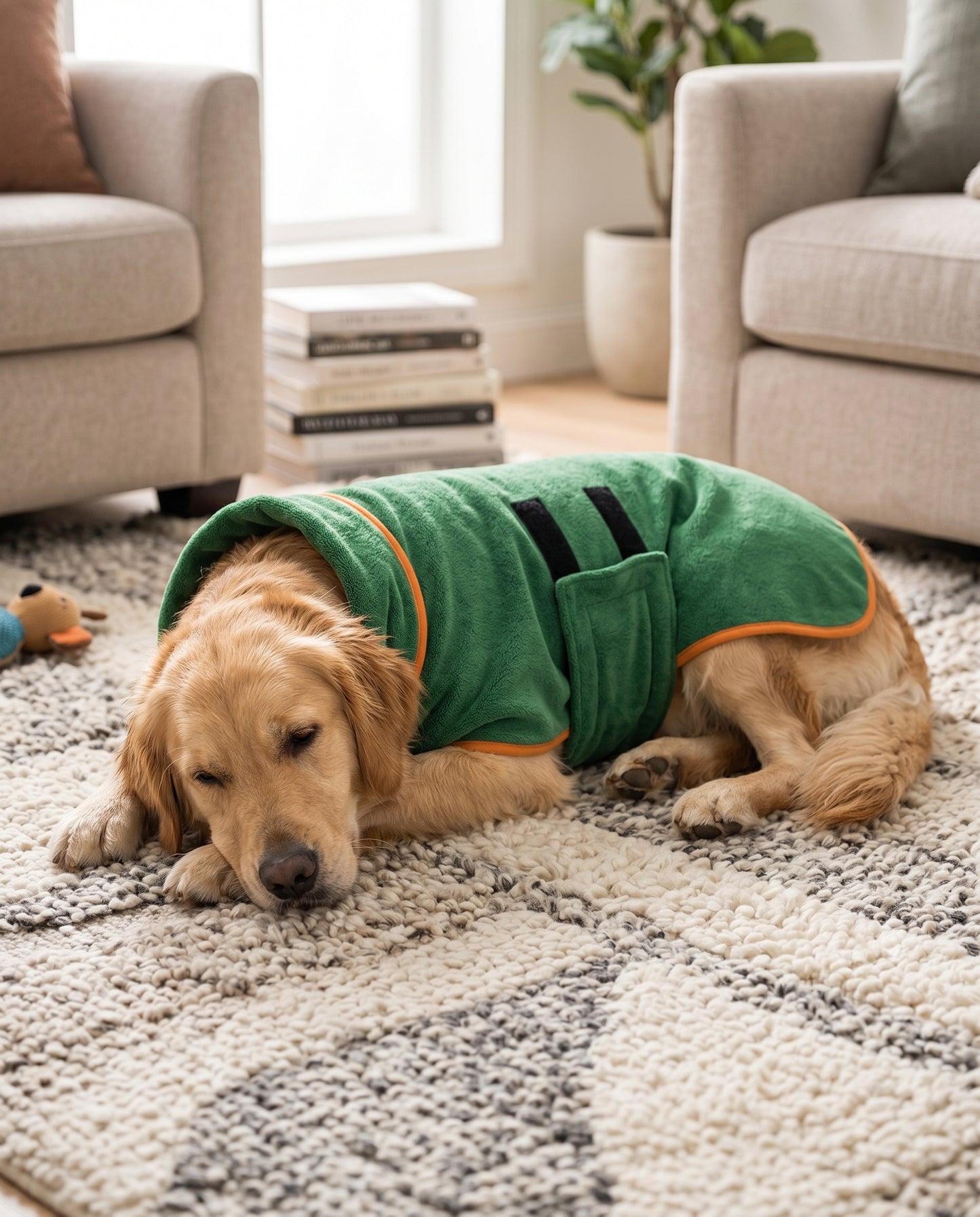 Golden retriever napping cozy in the Joobello green quick-dry dog bath robe on a living room rug