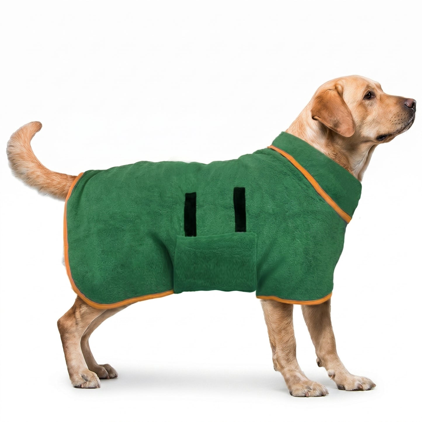 Dog wearing the Joobello green quick-dry microfiber bath robe with orange trim on a white background