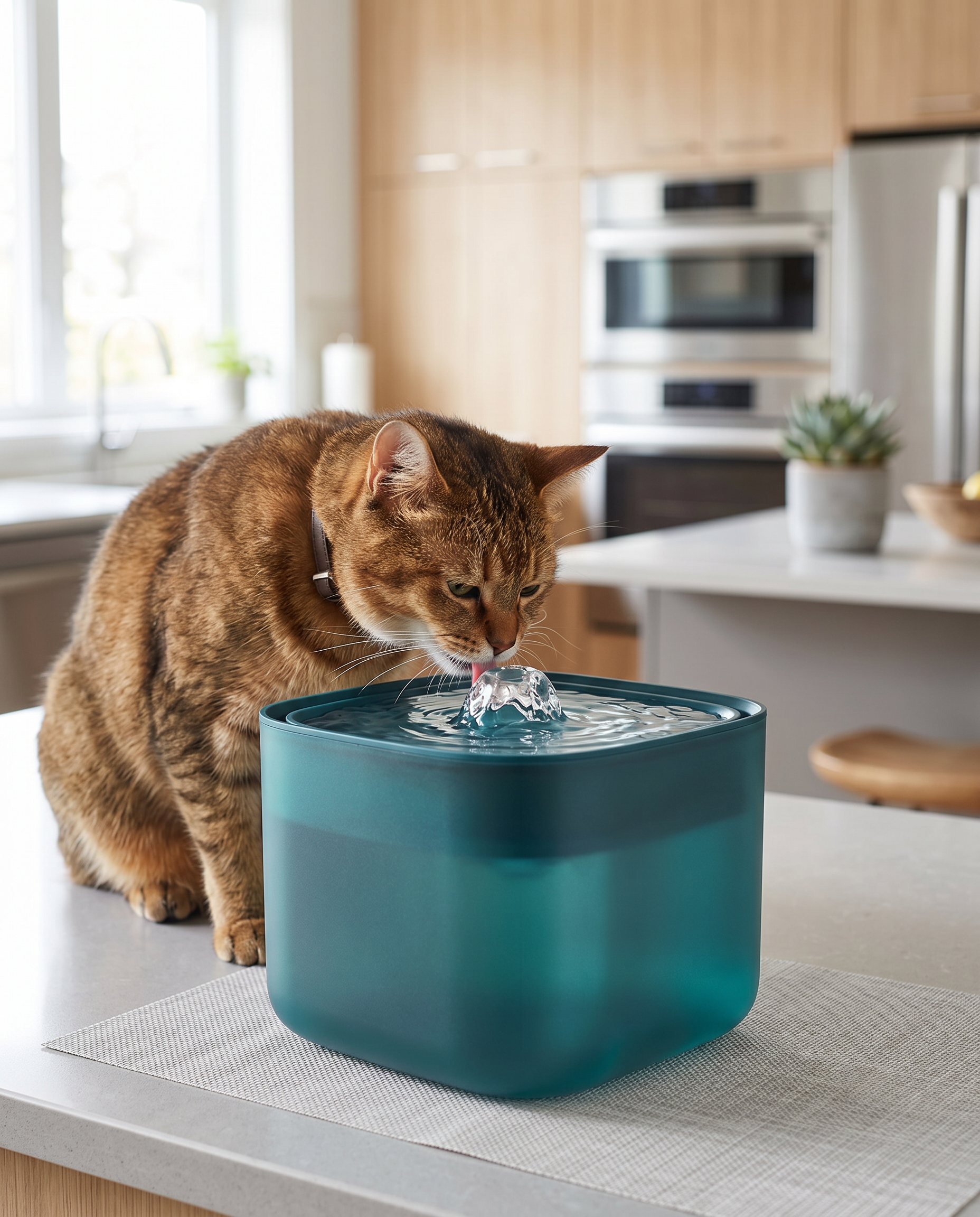 Cat drinking from the Joobello peacock-green smart filtered pet water fountain in a modern kitchen
