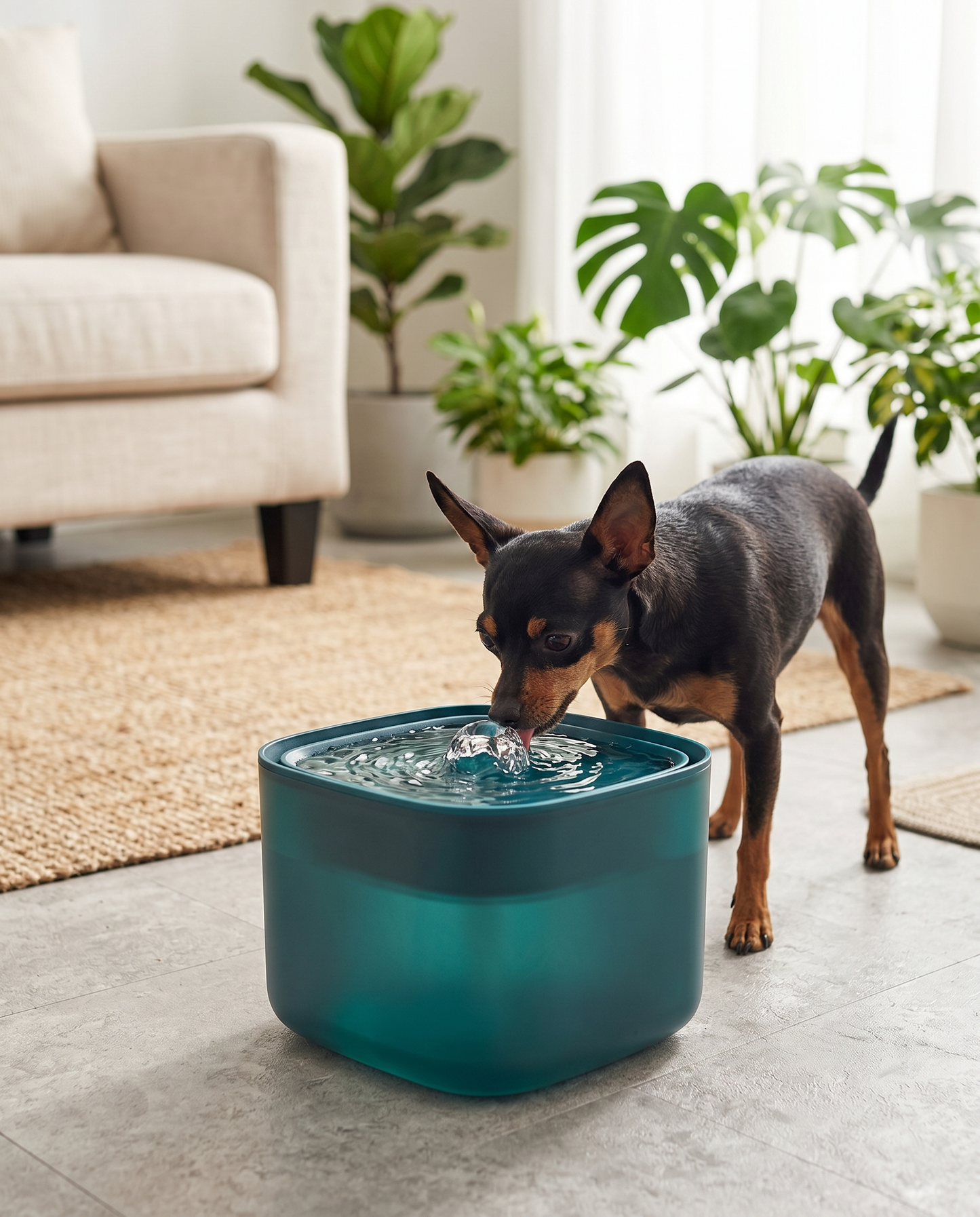 Small dog drinking from the Joobello peacock-green pet water fountain in a bright living room