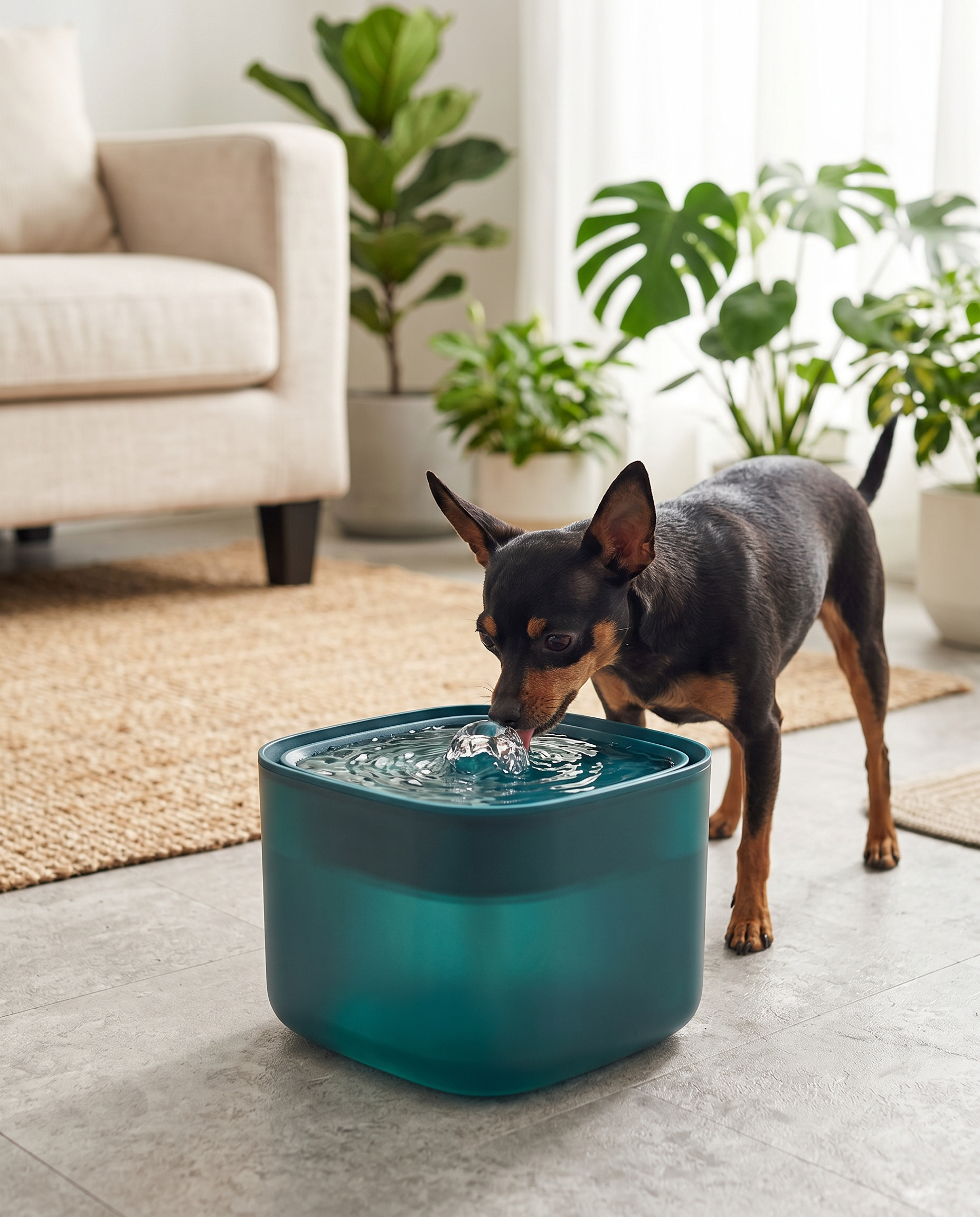 Small dog drinking from the Joobello peacock-green pet water fountain in a bright living room