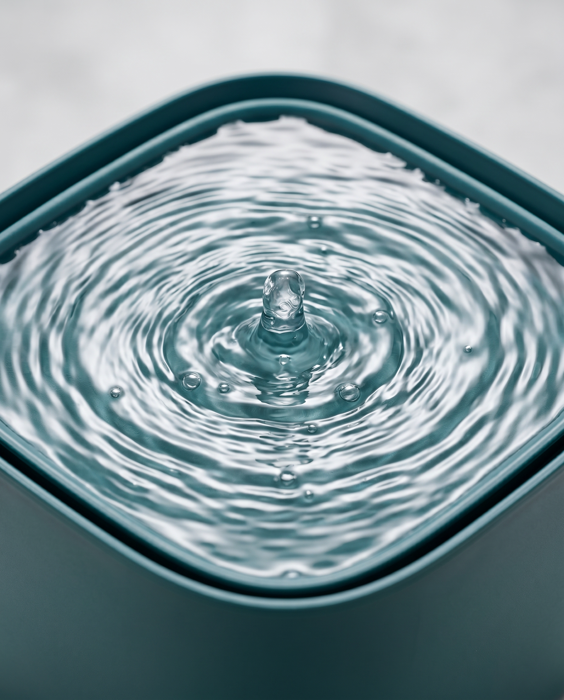 Close-up of the gentle bubbling fresh-water stream on the Joobello peacock-green pet fountain