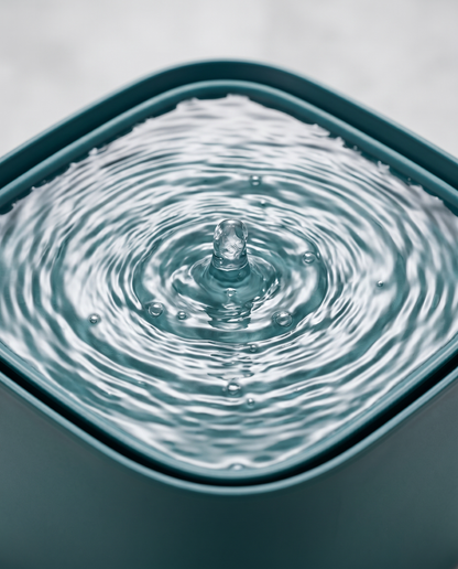 Close-up of the gentle bubbling fresh-water stream on the Joobello peacock-green pet fountain