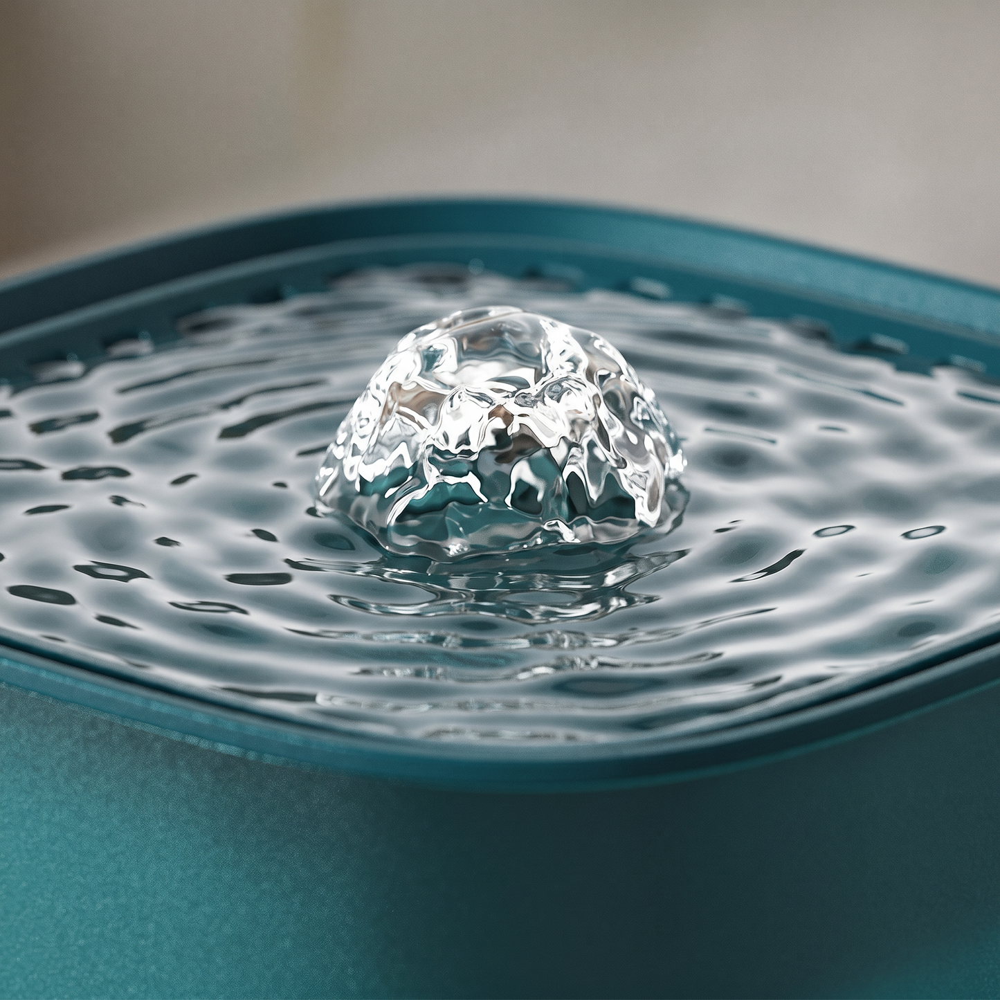 Macro of the circulating bubbling water and ripples on the Joobello peacock-green pet fountain