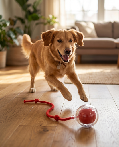 Golden retriever chasing the Joobello smart rolling pet ball with red rope tail across a living room