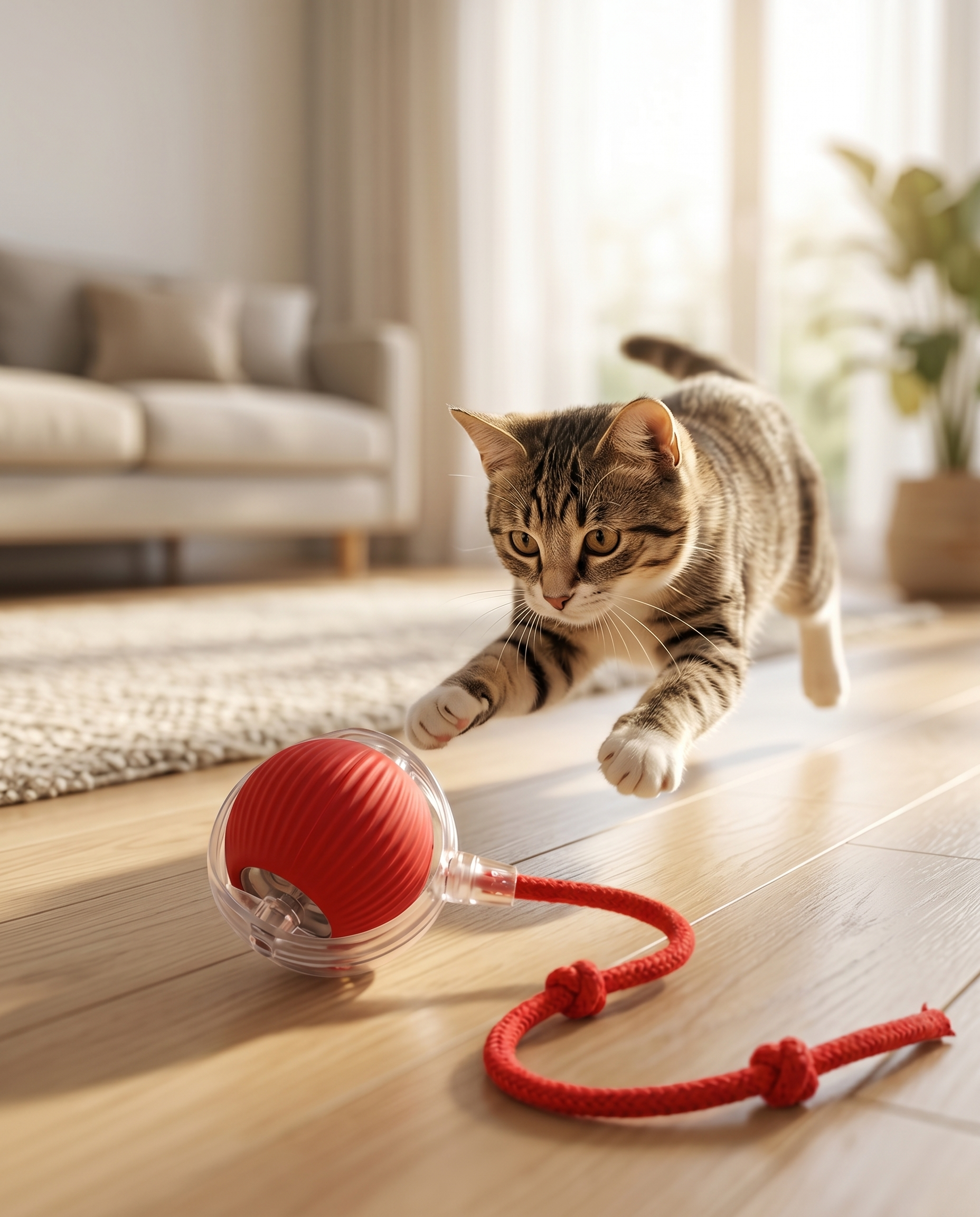 Cat pouncing on the Joobello smart rolling pet ball with its red core and rope tail
