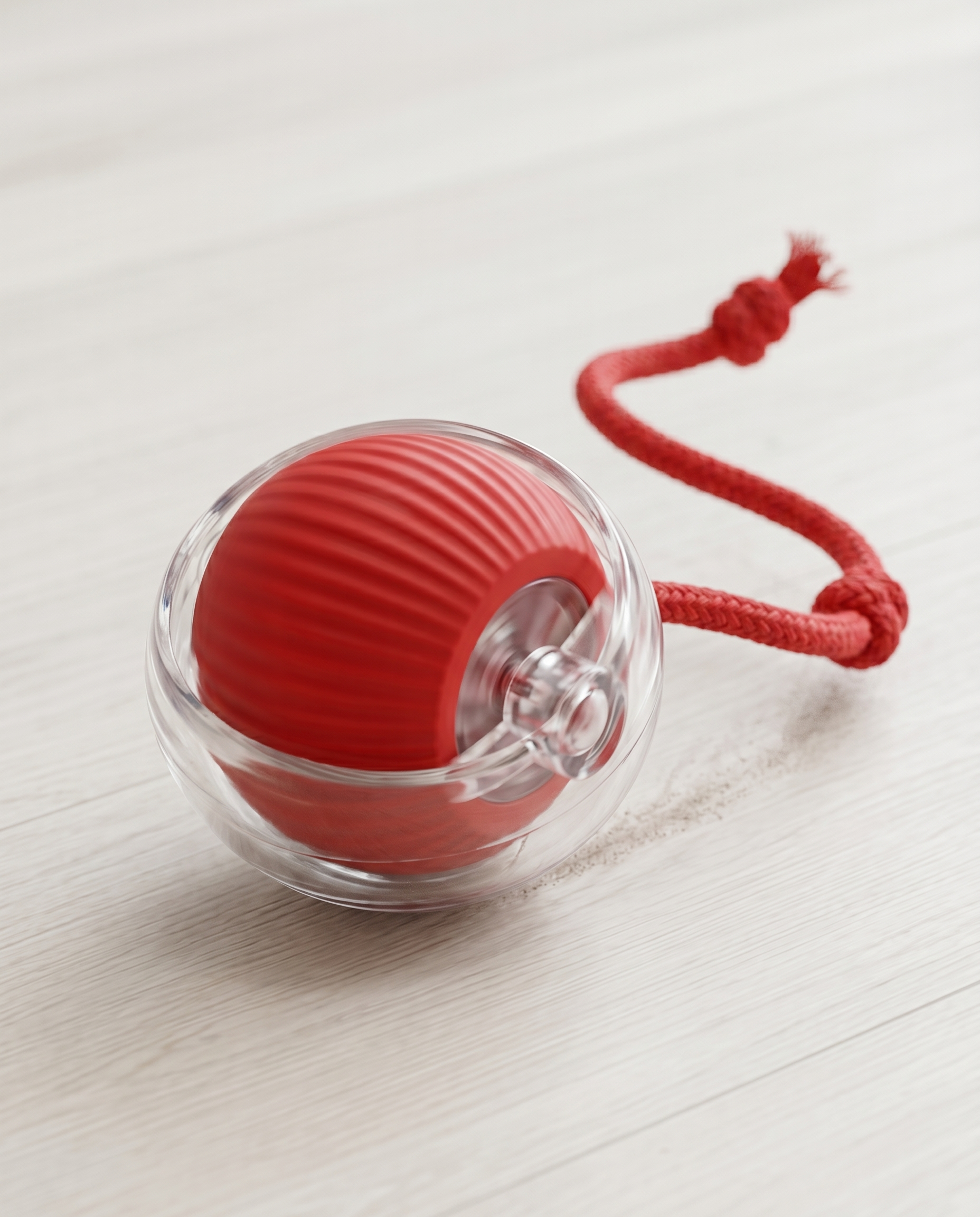 Close-up of the Joobello smart rolling pet ball transparent shell, red core and wiggly rope tail