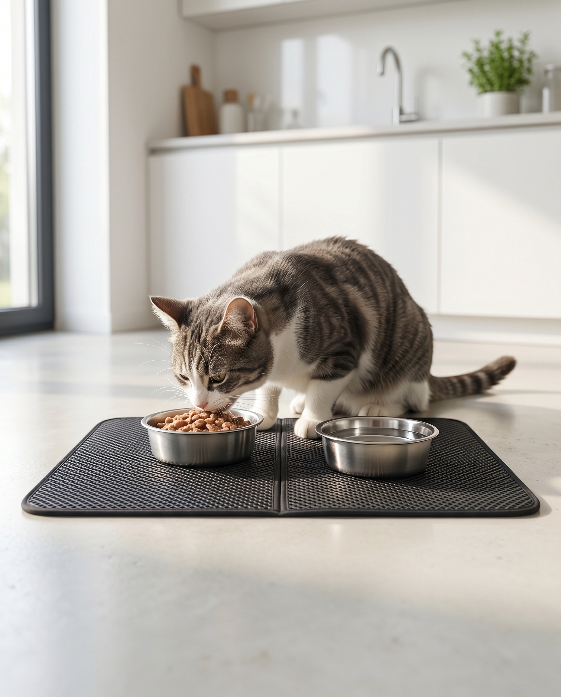 Cat eating from bowls on the Joobello gray waterproof honeycomb pet feeding mat in a modern kitchen