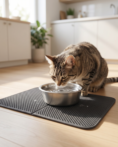 Cat drinking water from a bowl on the Joobello gray waterproof pet feeding mat
