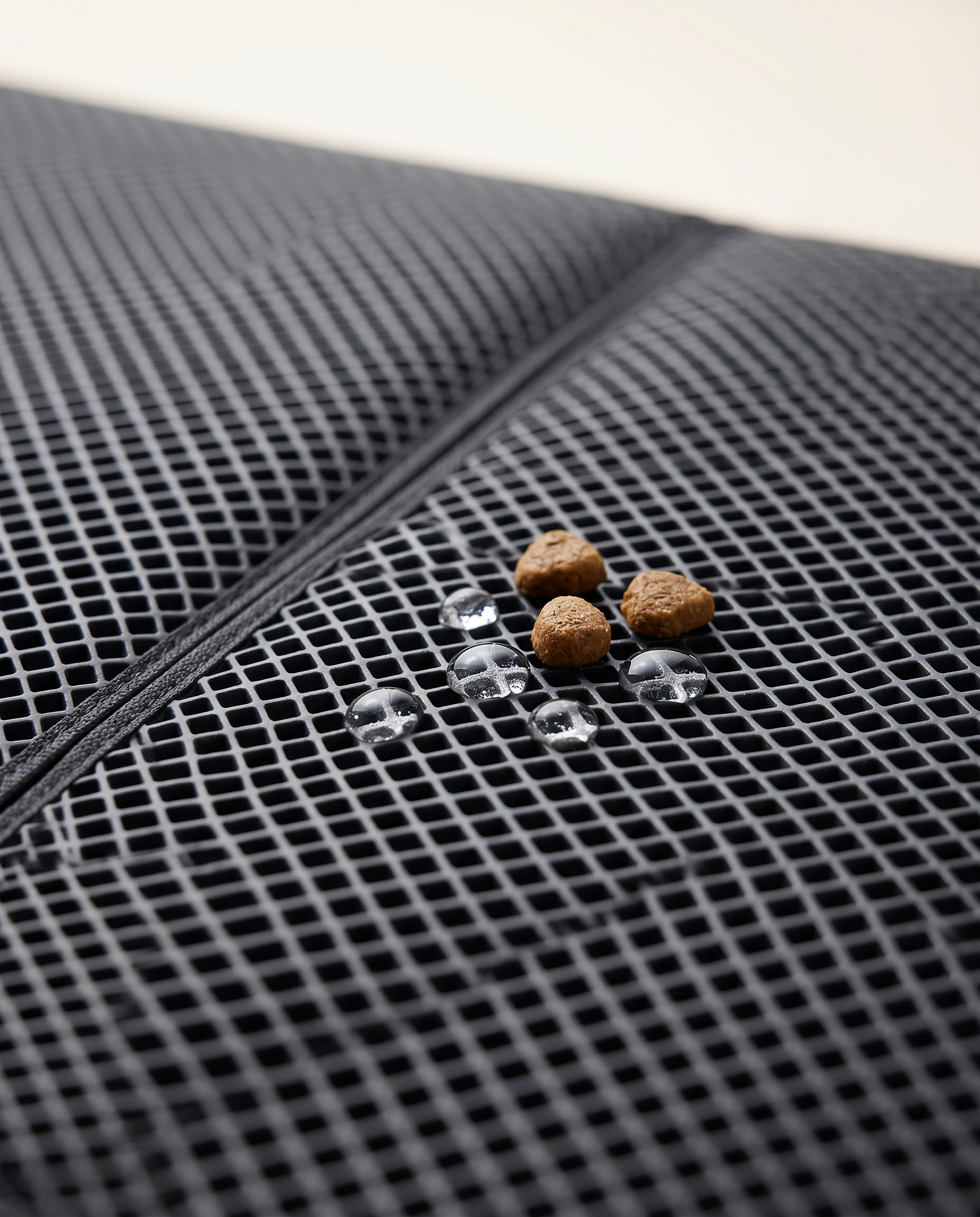 Close-up of the Joobello waterproof pet mat catching spilled kibble and water droplets in its honeycomb grid